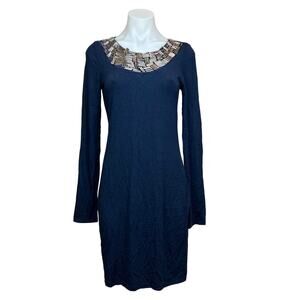 NEW Aqua Rhinestone Beaded Metallic Blue Silver Bodycon Long Sleeve Midi Dress M